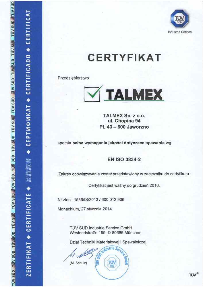 TUV spawanie EN ISO 3834-2